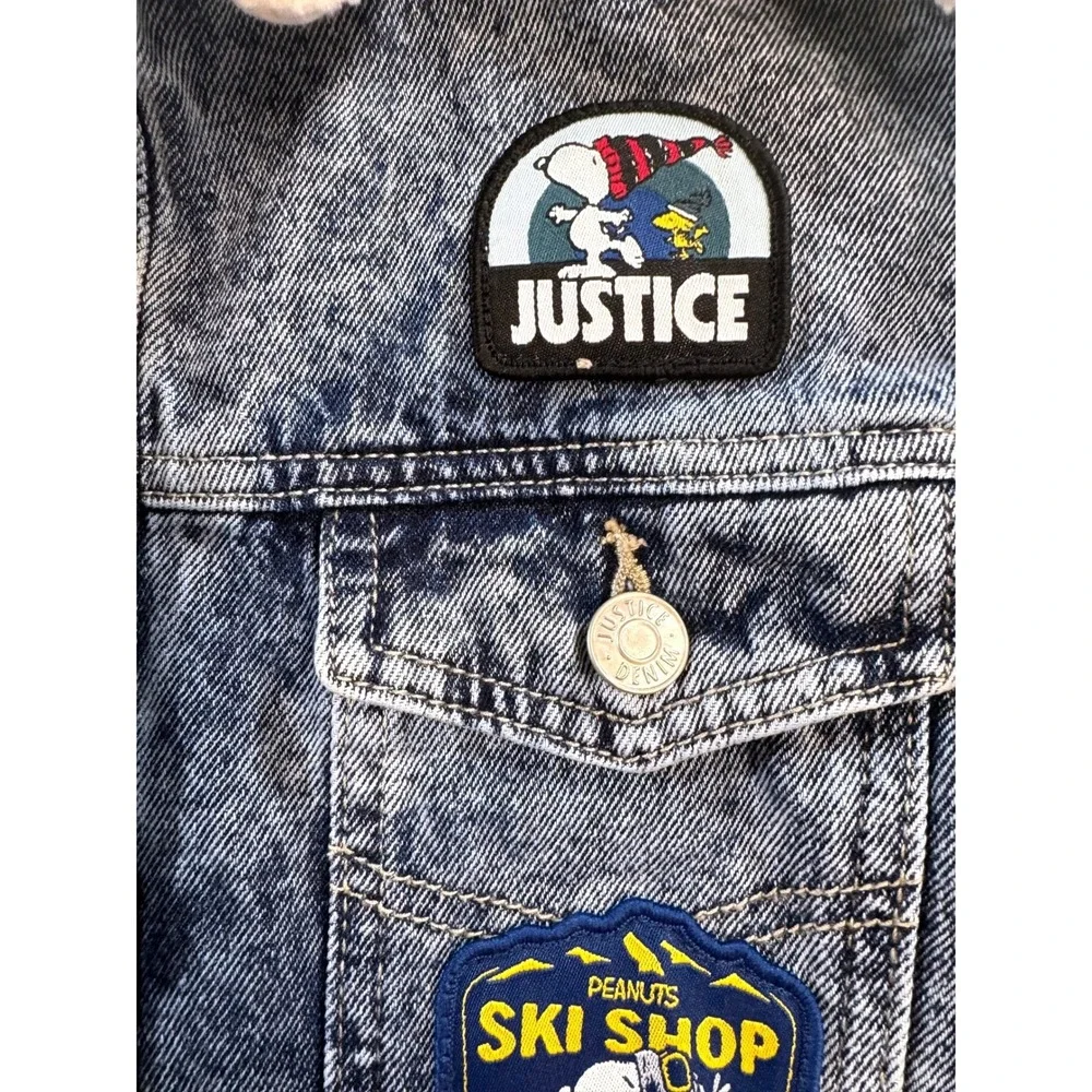 Justice Peanuts Snoopy Denim Jacket Kids‎ Size 7/8 Blue Sherpa Patches Kidcore